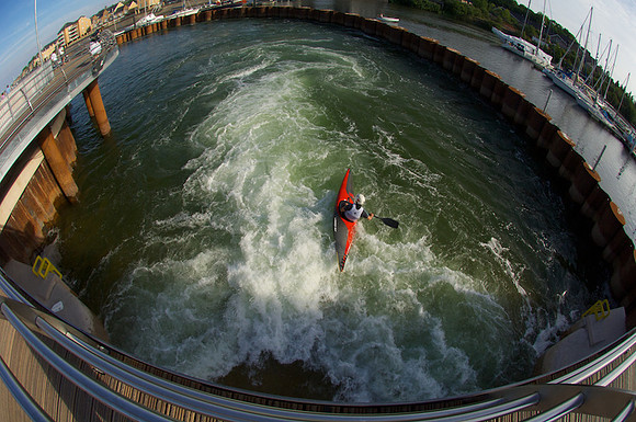 Canoeing at Welsh canoe centre in Cardiff.