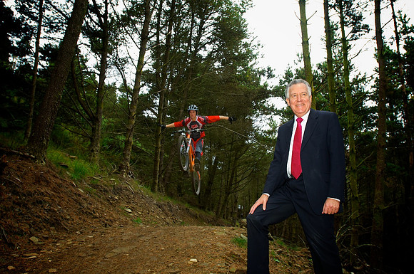 Peter Hain MP at the opening of a new mountainbike trail in South Wales' Afan Valley. Rowan Sorrell,mountainbike rider apears