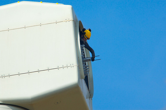 Vestas Espana - windfarm installation -  operator prepares for  turbine blades alignment