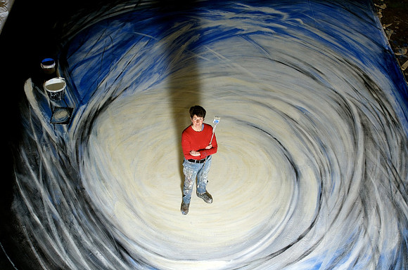Sam Johnson -  theatrical backdrop artist - preparing a backdrop for the Sheridan Theatre, Cardiff