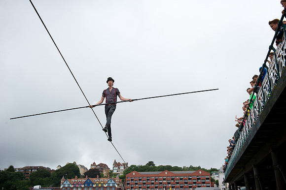 No Fit State Circus of Cardiff- PR shoot on Penarth Pier. Ellis Grover walking the wire.