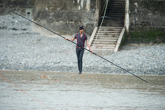 No Fit State Circus of Cardiff- PR shoot on Penarth Pier. Ellis Grover walking the wire.