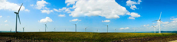 Panoramic view of a windfarm in the Neath valley, South wales.